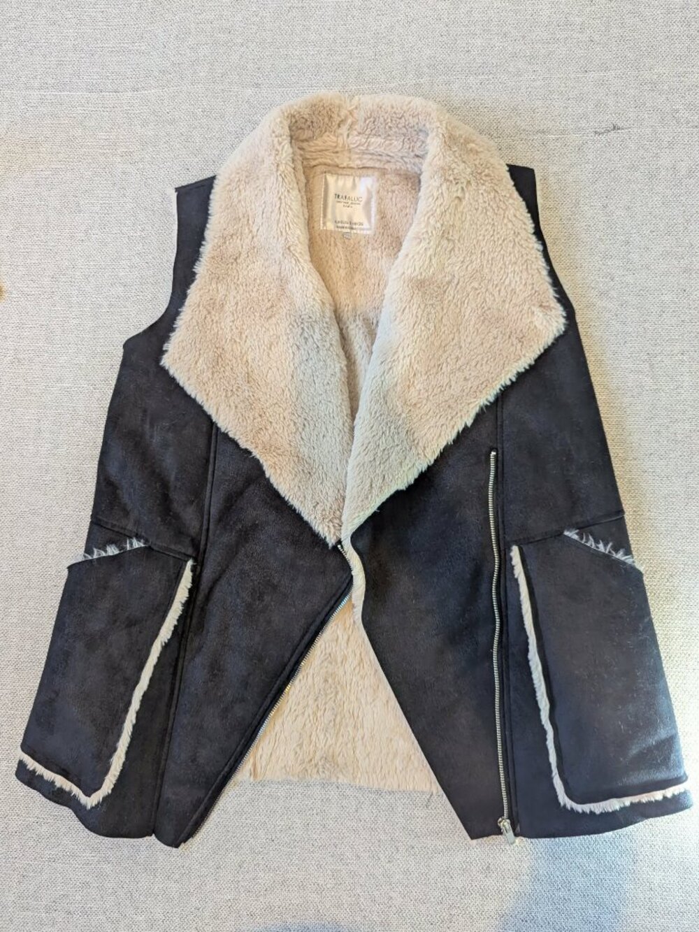 Zara Trafaluc Black Faux Shearling Moto Vest Size S